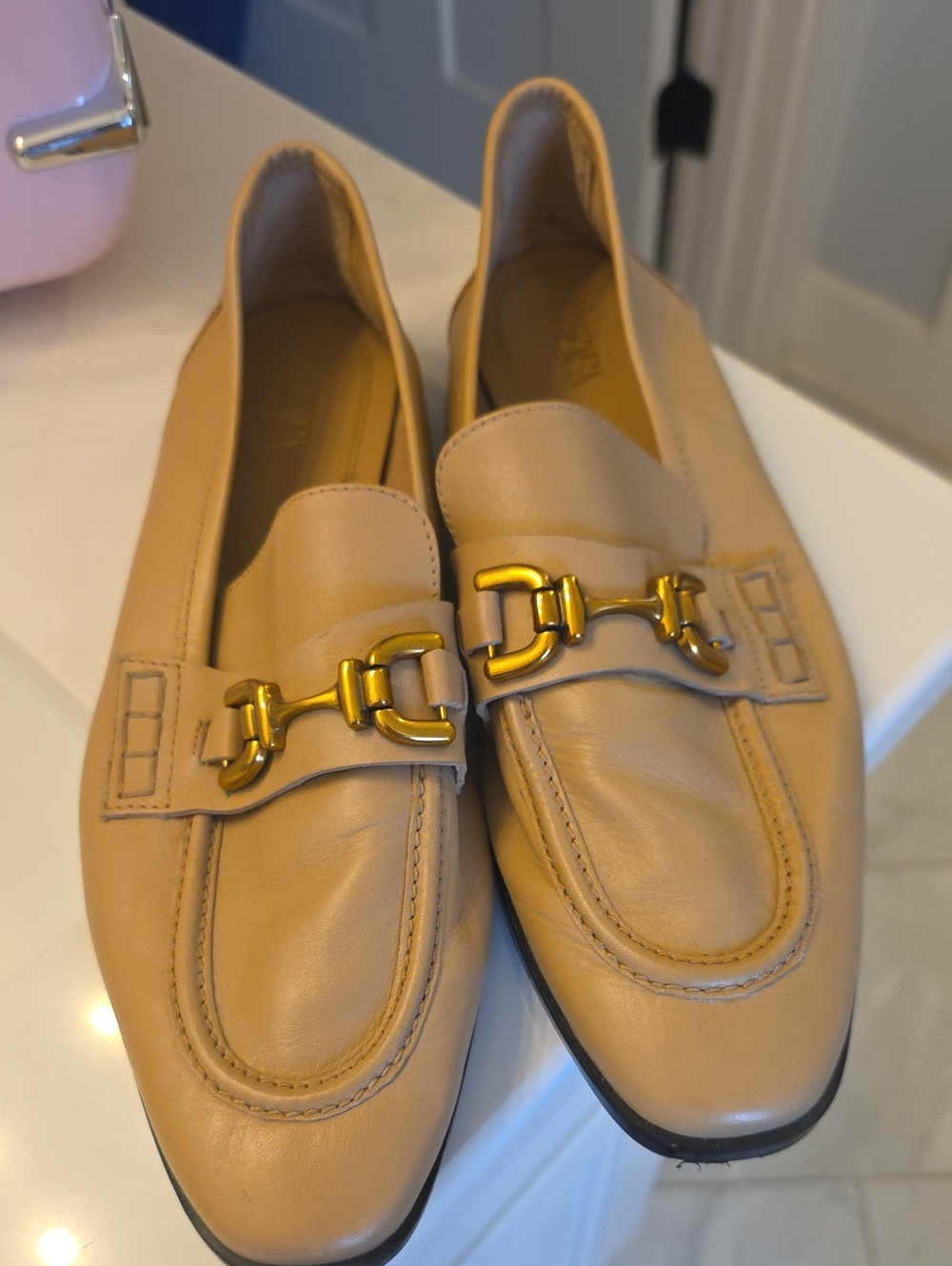 Zara Tan Leather Horsebit Loafers with Gold Hardware